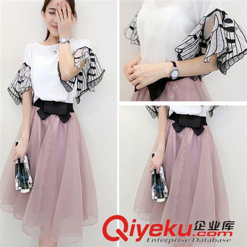 【歐洲站新品】 8645歐洲站夏裝韓版兩件套雪紡連衣裙小香風(fēng)蝴蝶袖女裝氣質(zhì)套裝裙原始圖片2