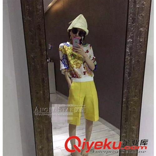 【歐洲站新品】 歐洲站2015女裝圓領七分袖印花上衣+ 時尚闊腿褲名媛套裝女8761原始圖片2