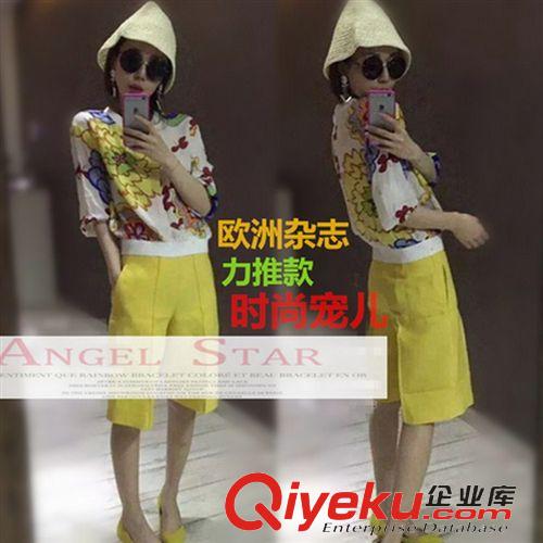 【歐洲站新品】 歐洲站2015女裝圓領七分袖印花上衣+ 時尚闊腿褲名媛套裝女8761原始圖片3