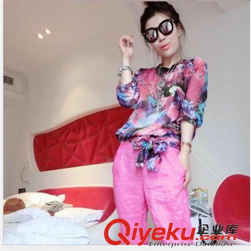 【歐洲站新品】 歐洲站2015春夏新款大碼真絲幻彩印花上衣哈倫九分褲時尚套裝女潮原始圖片3