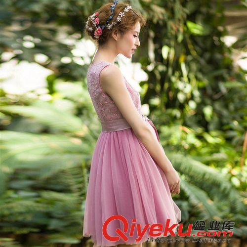 六月份新款專區(qū) 2015春夏新款女裝連衣裙 淑女V領(lǐng)中裙 歐根紗無(wú)袖大擺連衣裙批發(fā)原始圖片3