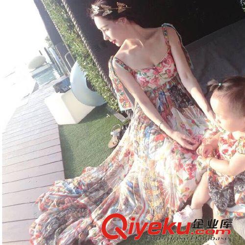 六月份新款專區(qū) 2015夏季新款波西米亞長裙 雪紡玫瑰印花吊帶薄紗連衣裙女批發(fā)