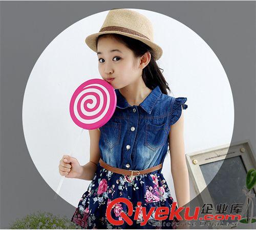 女童裝 2015新款女童裝短袖碎花牛仔藍韓版時尚連衣裙免費一件代發(fā)原始圖片2