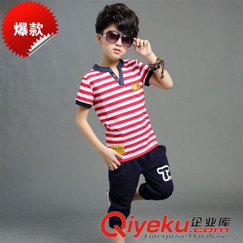 夏裝 2015童裝韓版夏裝套裝夏季兒童T恤套裝小孩條紋兩件套一件代發原始圖片3