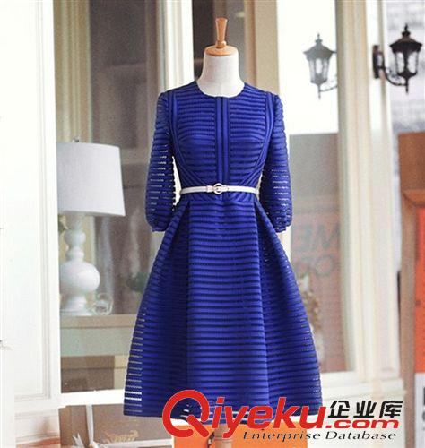 連衣裙專區(qū) 歐洲站 2015新品dp明星蕾絲條紋中袖連衣裙 女原始圖片3