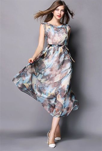 波西米亞裙 2015夏裝新款無袖印花真絲連衣裙度假沙灘裙波西米亞海邊長裙女