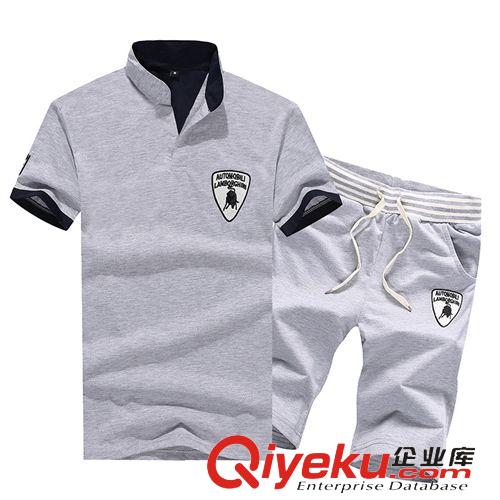2015夏季{zx1}爆款 夏季新款純棉男式短袖T恤套裝 潮男運動短褲套裝 韓版立領t恤
