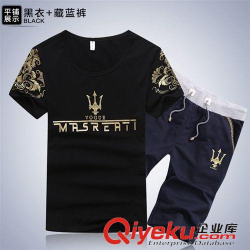 2015夏季{zx1}爆款 2015夏季新品潮男休閑套裝 燙金印花t恤運動套裝批發(fā) 圓領(lǐng)短袖t恤