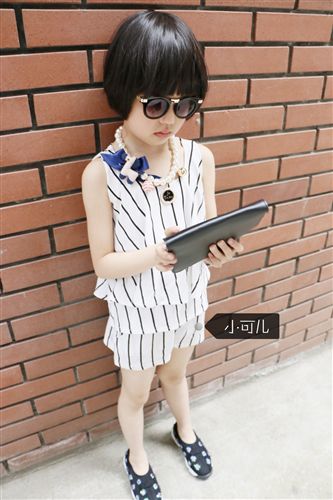 ☆新品☆ 2015夏季新款 韓版女童自產(chǎn)自銷條紋套裝 舒適時尚兒童背心套裝