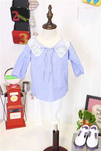 ☆新品☆ 2015春款童裝 條紋兒童娃娃衫 蕾絲領(lǐng)百搭田園 韓版女童中童襯衫原始圖片2