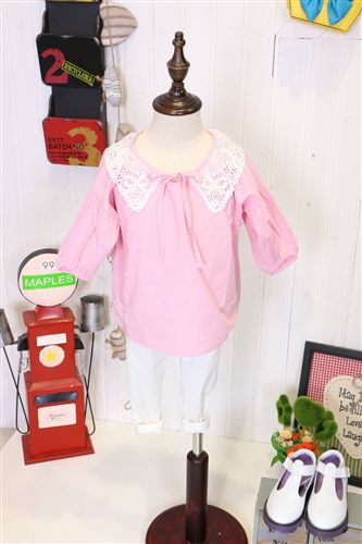 ☆新品☆ 2015春款童裝 條紋兒童娃娃衫 蕾絲領(lǐng)百搭田園 韓版女童中童襯衫原始圖片3