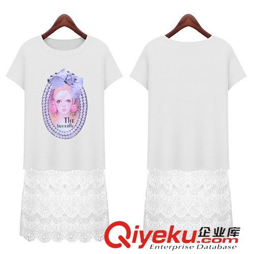 女士T恤 歐洲站2015夏季新品歐美女裝圓領(lǐng)印花蕾絲短袖連衣裙中長款T恤原始圖片3