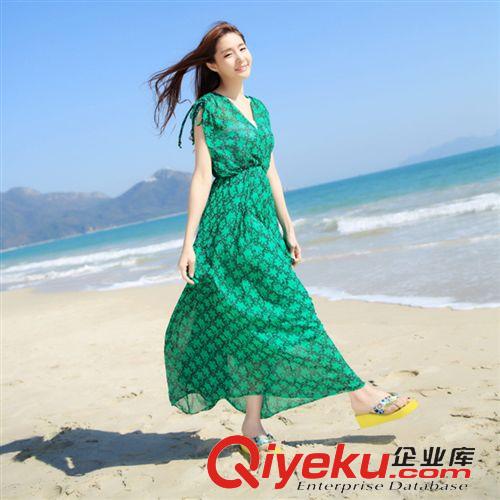 沙灘裙 2015春夏新款時(shí)尚格紋印花系帶肩無袖波西米亞連衣裙 （廣州）原始圖片3