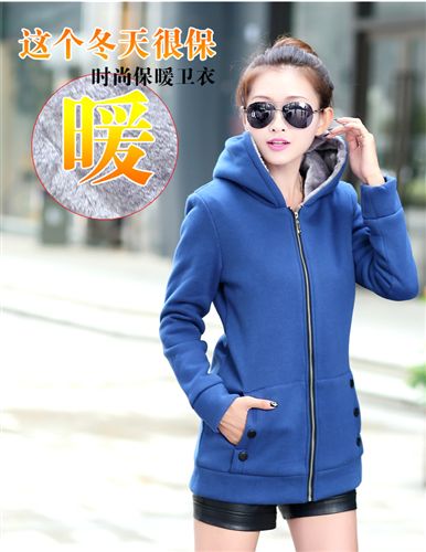女士外套 2014冬裝新款韓版加絨毛內(nèi)膽開(kāi)衫連帽衛(wèi)衣東大門外套品牌大碼女裝原始圖片2