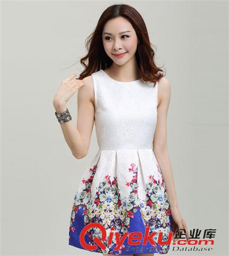 韓版 2015夏裝新款女裝時尚修身圓領無袖甜美印花打底背心連衣裙原始圖片2