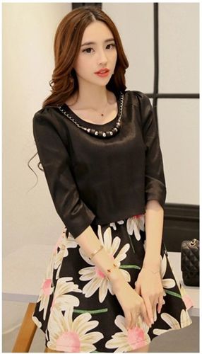 梓堯服飾實拍專區(qū) 2015春季新款甜美印花修身連衣裙女七分袖顯瘦假兩件套打底裙潮