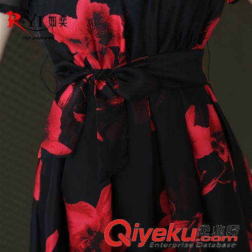 所有產品 2015夏裝新款韓版女裝時尚印花修身短袖立領系帶甜美蝴蝶結連衣裙原始圖片2