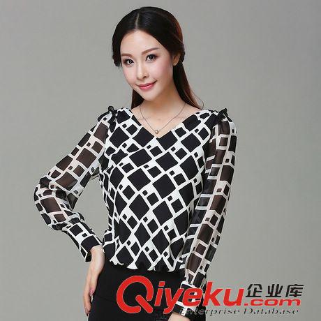 所有產品 2015春裝新款韓版時尚V領寬松條紋大碼顯瘦長袖雪紡衫上衣小衫潮原始圖片3