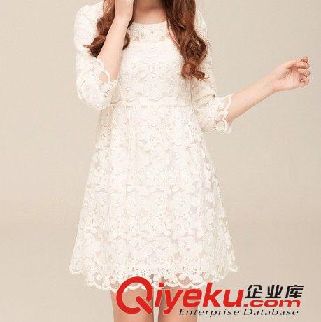 連衣裙 2015春裝新款韓版潮圓領七分袖白色蕾絲連衣裙 女