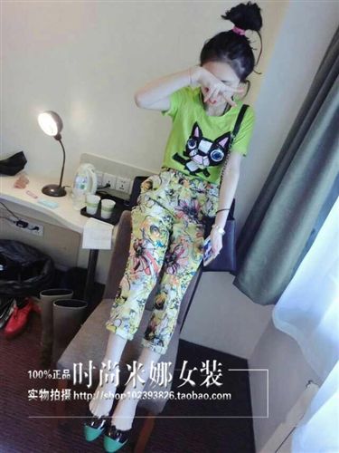 掌柜推薦 歐洲站2015夏季新款歐美時尚短袖卡通印花上衣 小清新花色套裝女原始圖片3