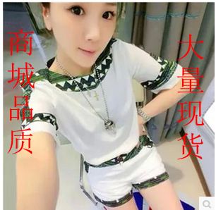 4月六期 2015夏季新款女裝韓版時(shí)尚印花雪紡衫短袖上衣短褲休閑兩件套裝原始圖片2