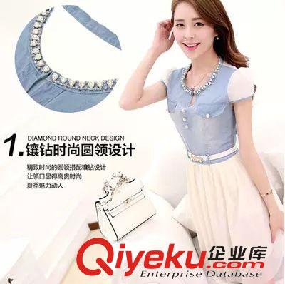 四月五期 2015夏季新款牛仔拼接連衣裙女裝甜美短袖中裙公主裙女雪紡連衣裙原始圖片2