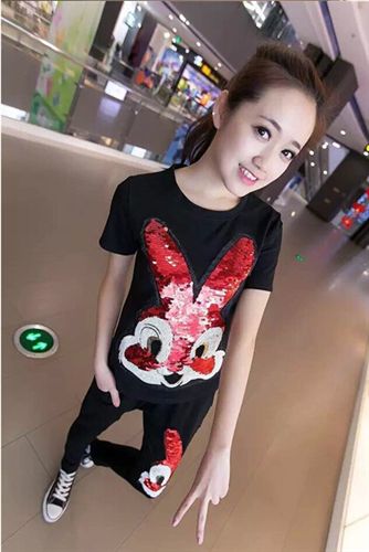 歐洲站實(shí)拍 正品好質(zhì)量 2015歐洲站新款時(shí)尚休閑時(shí)髦韓版亮片兔子繡花套裝原始圖片2