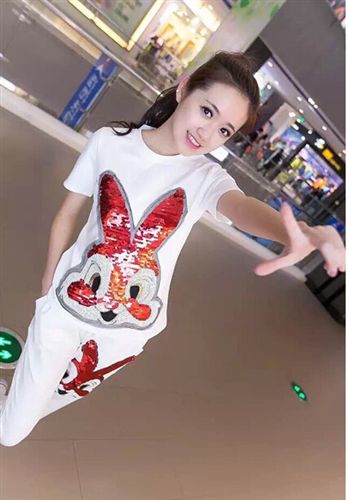 歐洲站實(shí)拍 正品好質(zhì)量 2015歐洲站新款時(shí)尚休閑時(shí)髦韓版亮片兔子繡花套裝原始圖片3