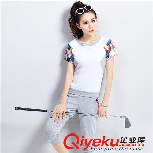 2015夏季運動套裝 新款格子大碼短袖時尚修身休閑套裝七分褲x109