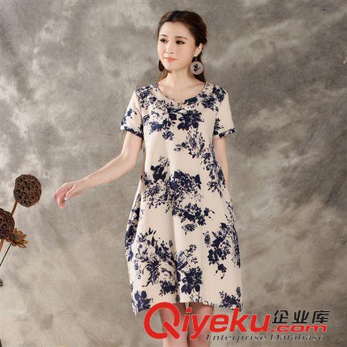 棉麻大碼女裝 韓版寬松大碼布衣風圓領大印花棉麻質連衣裙女夏季1601原始圖片2
