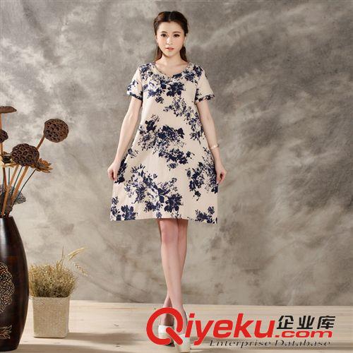 棉麻大碼女裝 韓版寬松大碼布衣風圓領大印花棉麻質連衣裙女夏季1601原始圖片3
