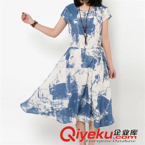棉麻大碼女裝 2015年夏短袖寬松大碼抽繩棉麻連衣裙1801原始圖片2