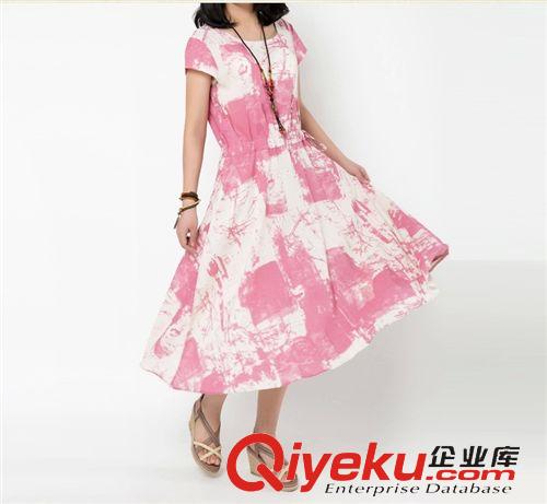 棉麻大碼女裝 2015年夏短袖寬松大碼抽繩棉麻連衣裙1801原始圖片3
