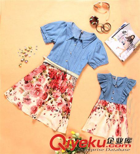 親子裝 A153#親子裝  牛仔花朵裙泡泡袖 短袖連衣裙母女裝（有碼）原始圖片2