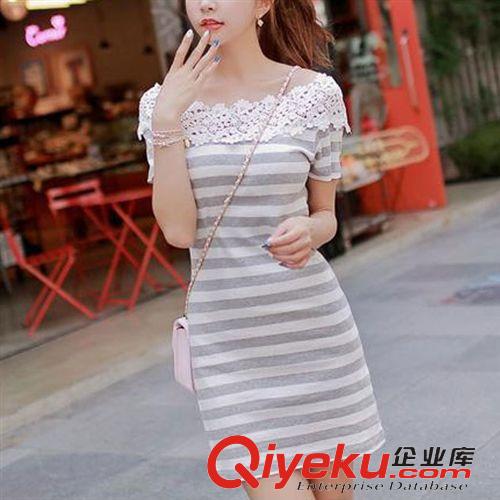 4月下旬 廠家直銷(xiāo) 2015女裝夏新品短袖條紋連衣裙花邊拼接修身短裙原始圖片2