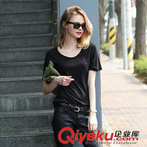 4月中旬 2015歐美風(fēng)大碼女裝短袖打底衫夏半袖圓領(lǐng)口袋棉寬松女t恤原始圖片3