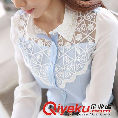 2015新品上架New！ 春裝新款韓版大碼女裝打底衫修身長(zhǎng)袖蕾絲拼接雪紡衫女原始圖片3