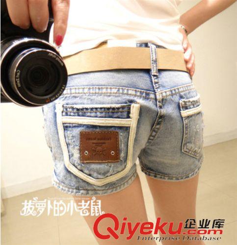 2014新品上架New！ 2014新款韓版包臀破洞深藍(lán)色牛仔短褲女(加3元送腰帶)原始圖片2