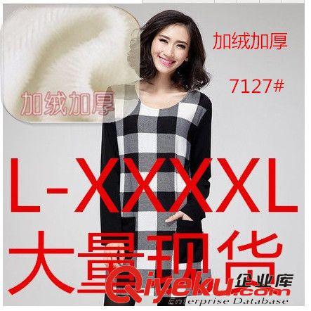 大碼女裝 大碼女裝加絨加厚胖mm新款顯瘦修身方格口袋拼接長袖原始圖片2