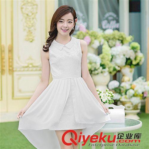連衣裙 2015夏裝新款淑女氣質(zhì)蕾絲無(wú)袖中長(zhǎng)裙 韓版娃娃領(lǐng)修身雪紡連衣裙