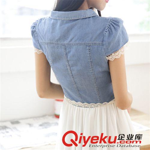 連衣裙 品牌女裝夏裝新款淑女修身牛仔雪紡拼接短袖連衣裙廠家批發10304