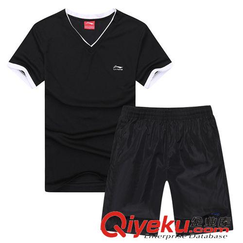運動套裝 夏季新款男套裝 滌棉V領運動休閑短袖T恤五分褲 運動短套裝男代發原始圖片2