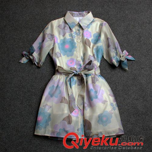 女式外套 2015夏裝女裝新款歐美大牌連衣裙時尚印花蝴蝶結(jié)中袖風(fēng)衣裙原始圖片2