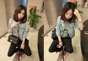 女式外套 2015新款歐美風水洗百搭短款修身顯瘦七分袖牛仔外套原始圖片3