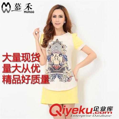 新款連衣裙 2015初夏新款韓版圓領顯瘦印花圖案拼色短袖連衣裙原始圖片3