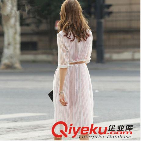 新款連衣裙 2015春裝新品韓版中長(zhǎng)款條紋裙子七分袖連衣裙女原始圖片2