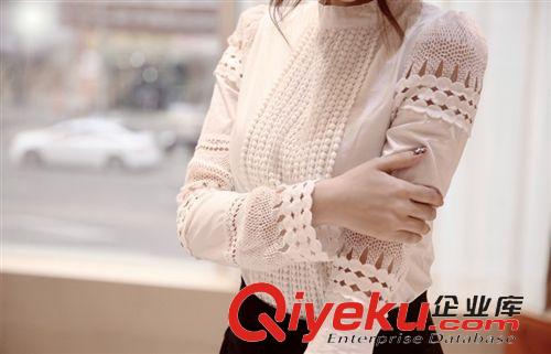 2015爆款襯衣 優雅甜美長袖白色打底修身棉勾花鏤空蕾絲襯衫襯衣原始圖片2