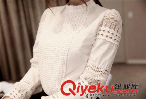 2015爆款襯衣 優雅甜美長袖白色打底修身棉勾花鏤空蕾絲襯衫襯衣原始圖片3