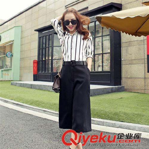 2015年夏季新品 2015新款套裝潮女韓版夏裝條紋襯衫修身闊腿褲兩件時尚套裝