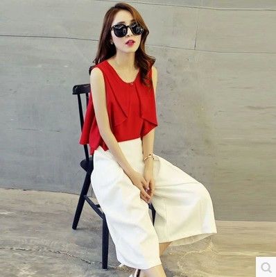 2015年夏季新品 歐洲站2015夏裝氣質兩件套優雅無袖寬松顯瘦闊腿褲時尚套裝女原始圖片2